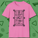 Always A Shot T-Shirt, front view, in Azalea smart apparel for strategic players