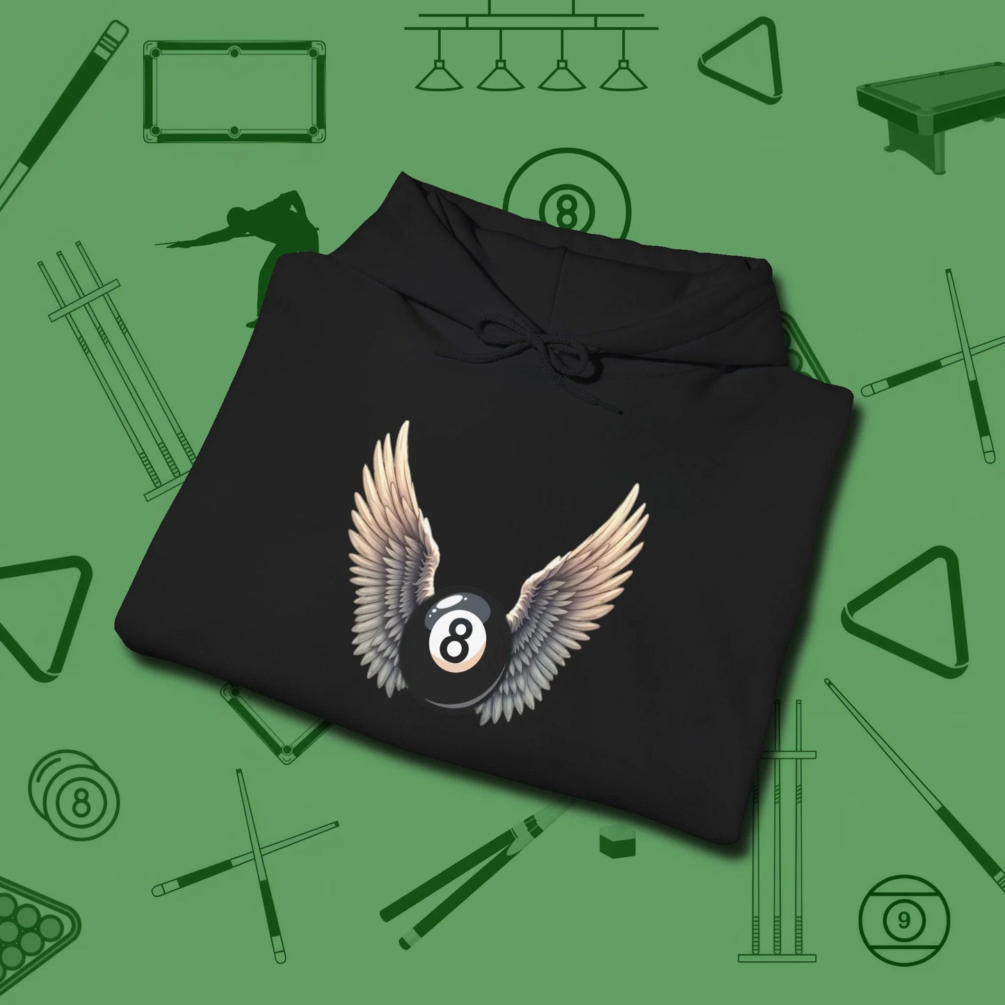 Archangel Eight Ball Hoodie, folded view, in Black smart apparel for strategic players