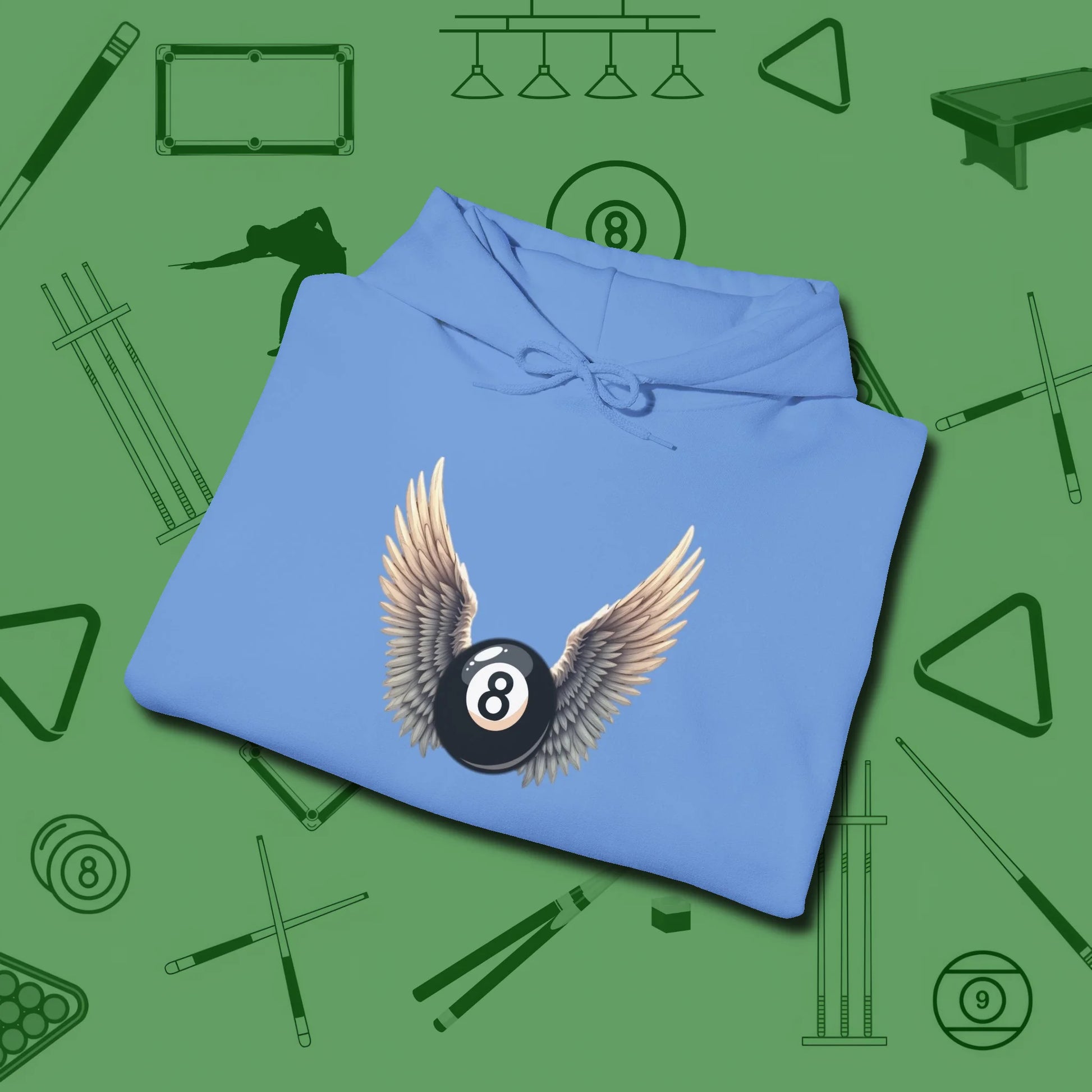 Archangel Eight Ball Hoodie, folded view, in Carolina Blue tough like your favorite break cue