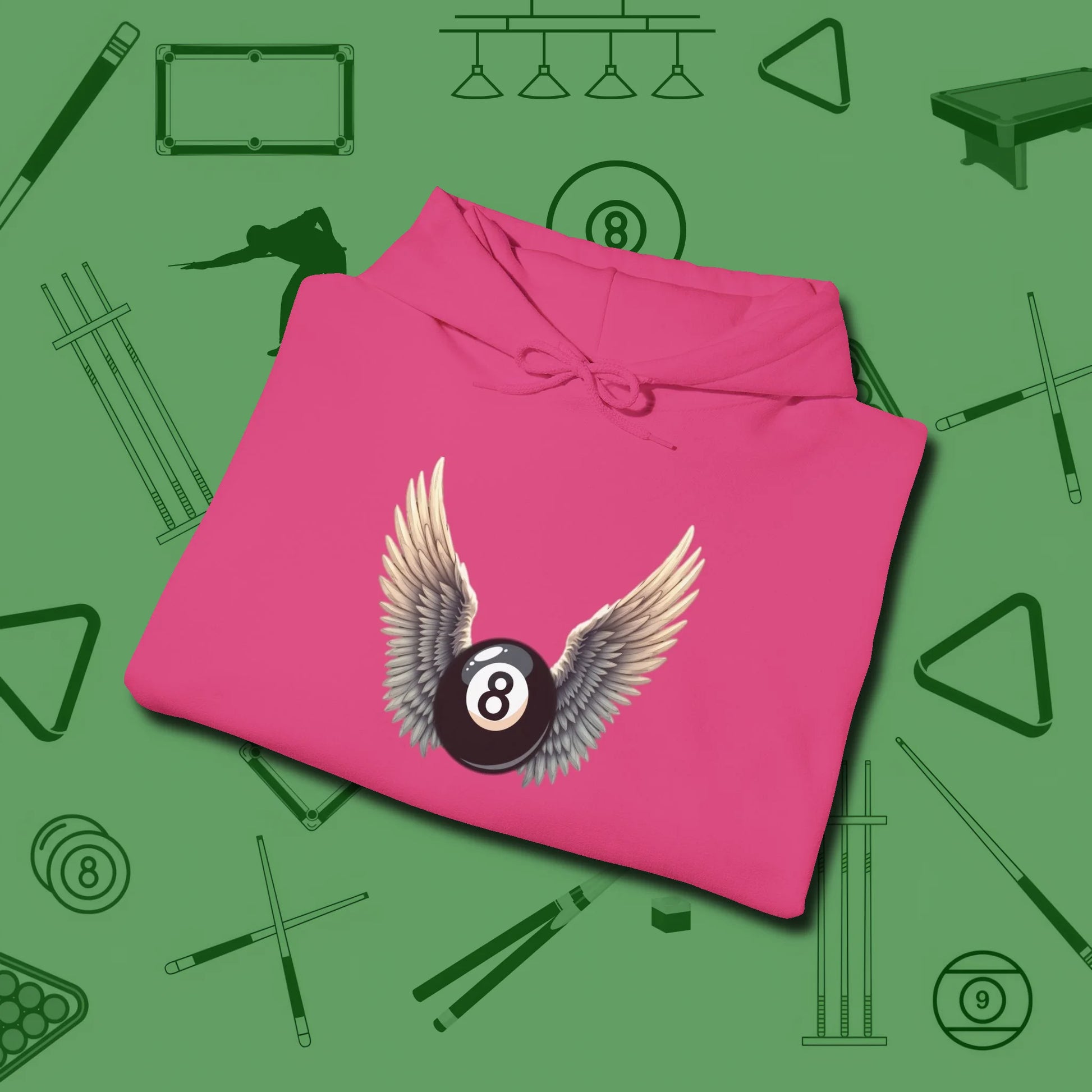 Archangel Eight Ball Hoodie, folded view, in Heliconia for hustlers who keep it honest