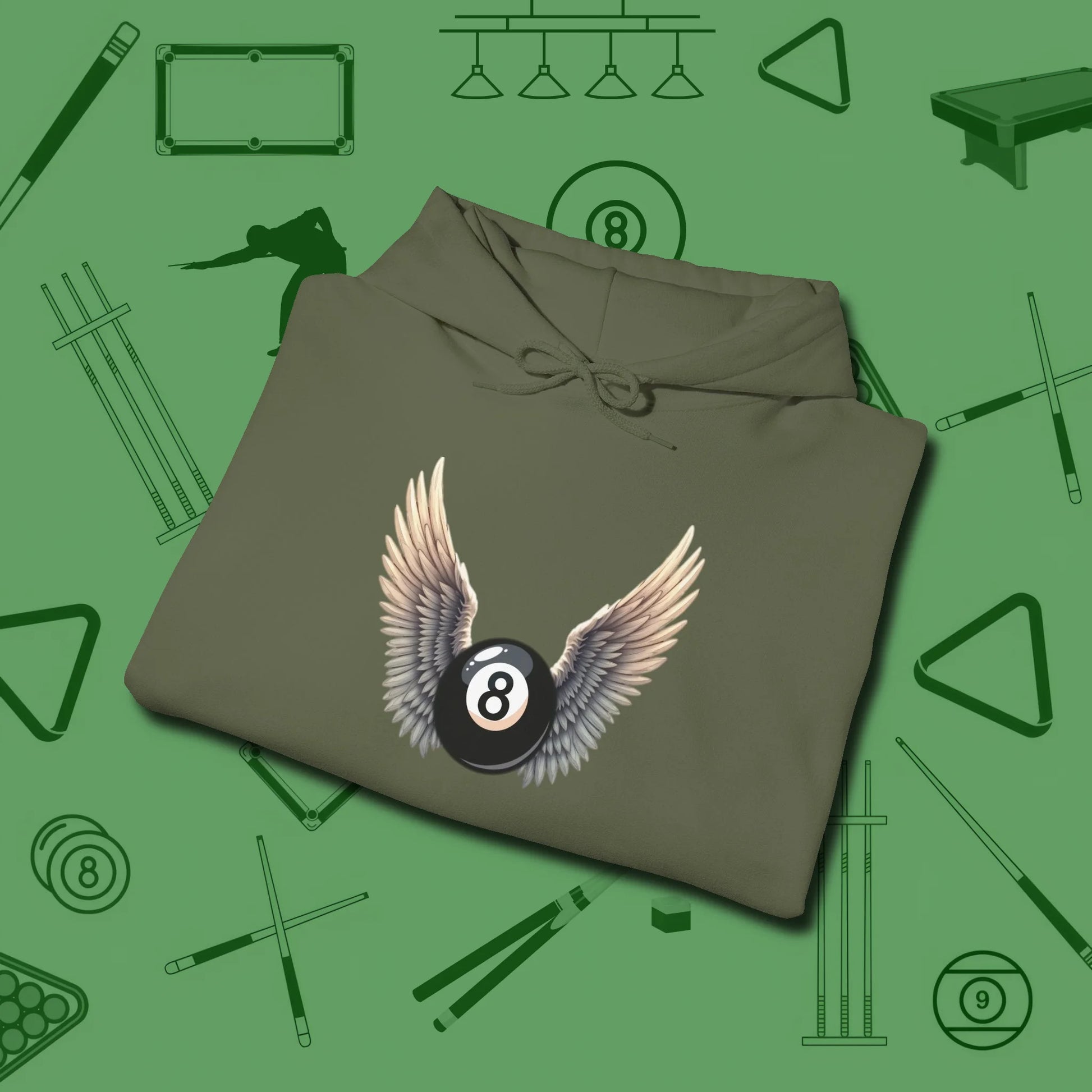 Archangel Eight Ball Hoodie, folded view, in Military Green put your best game on display