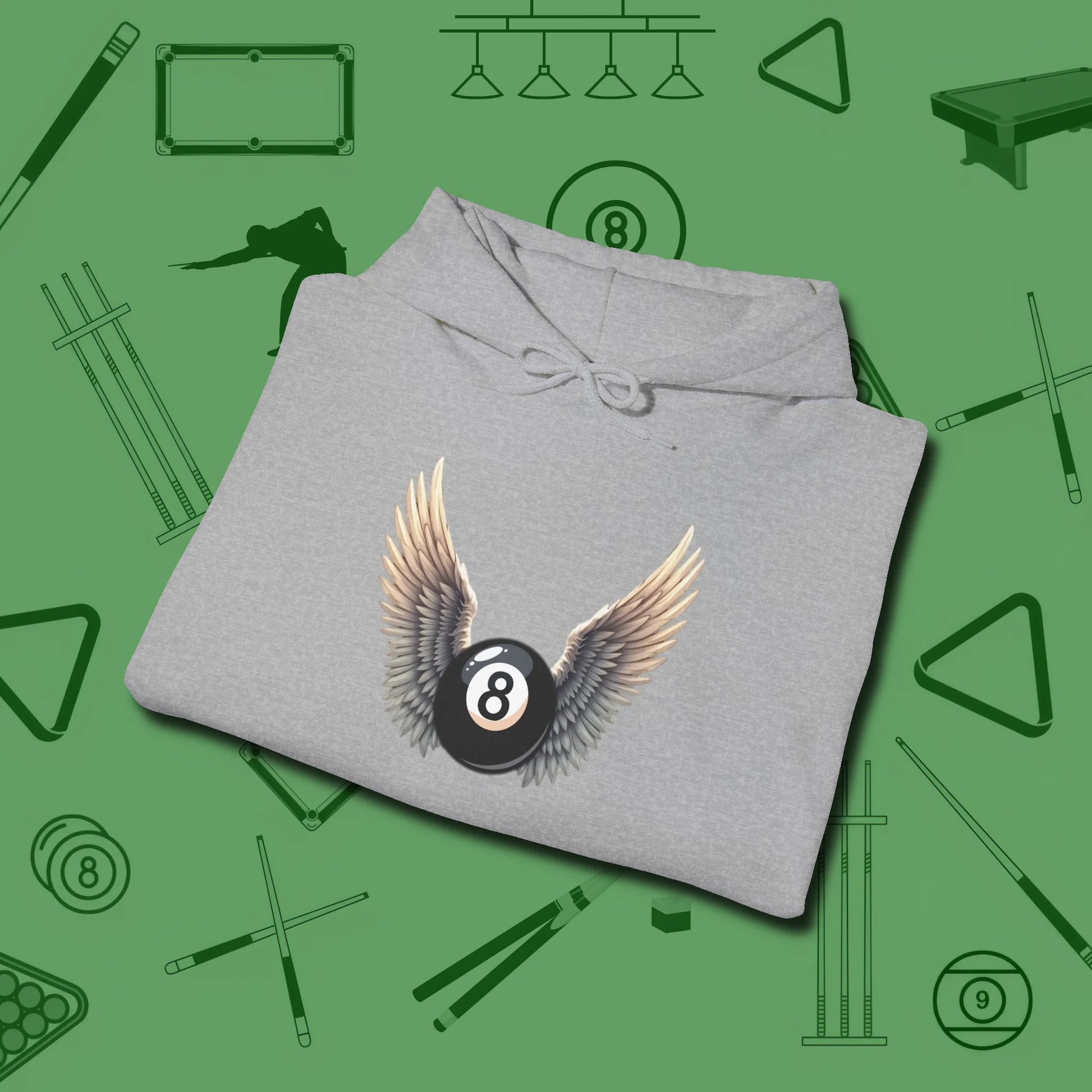 Archangel Eight Ball Hoodie, folded view, in Sport Grey what champions wear between racks