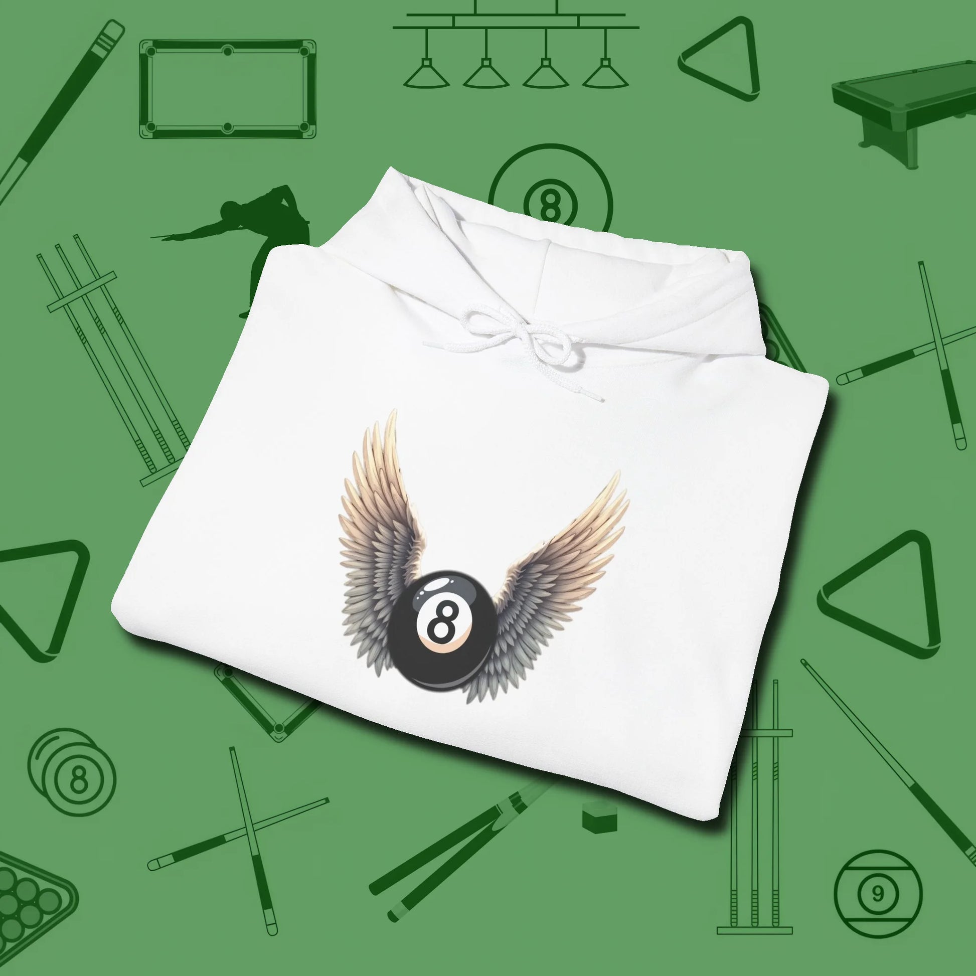 Archangel Eight Ball Hoodie, folded view, in White earns respect before the first shot