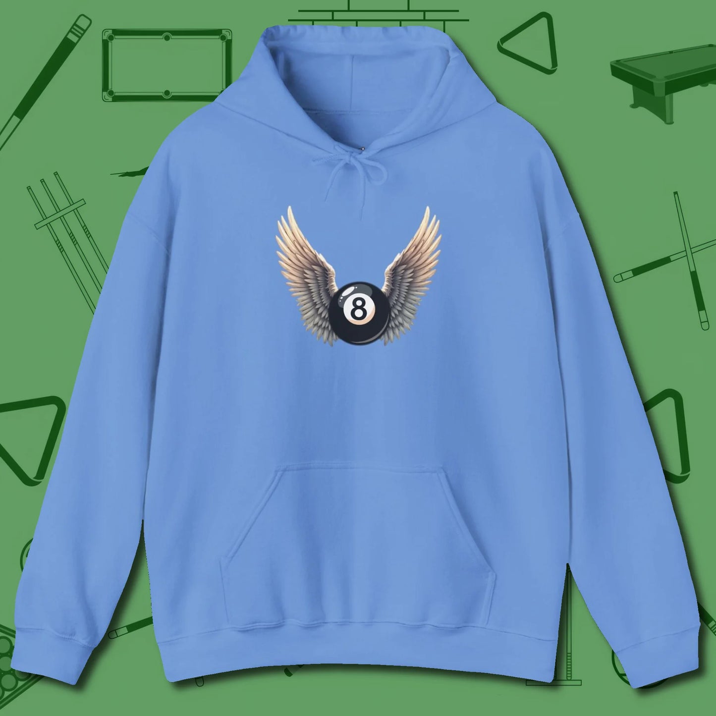 Archangel Eight Ball Hoodie, front view, in Carolina Blue dress for the shot you want to take