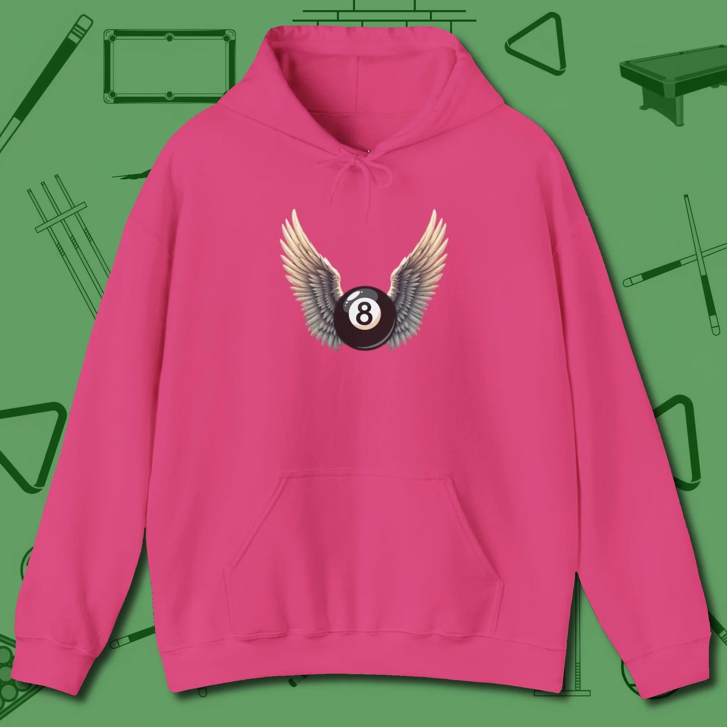 Archangel Eight Ball Hoodie, front view, in Heliconia the official uniform of the after-hours crew