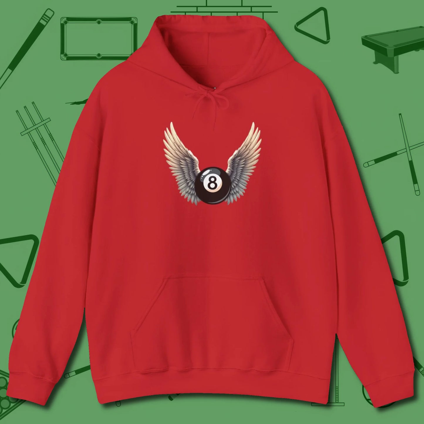 Archangel Eight Ball Hoodie, front view, in Red put your best game on display