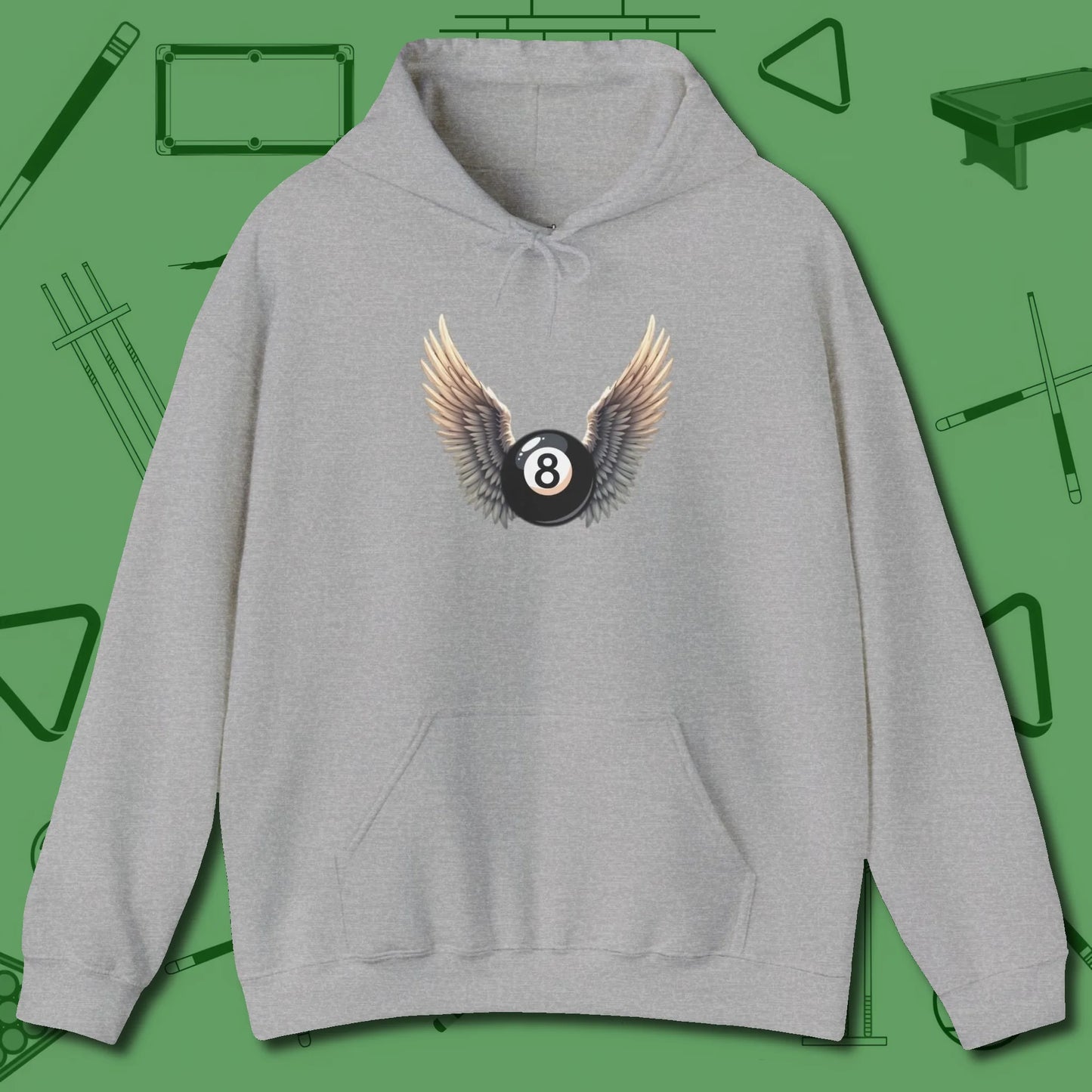 Archangel Eight Ball Hoodie, front view, in Sport Grey styled to dominate from rack to run-out