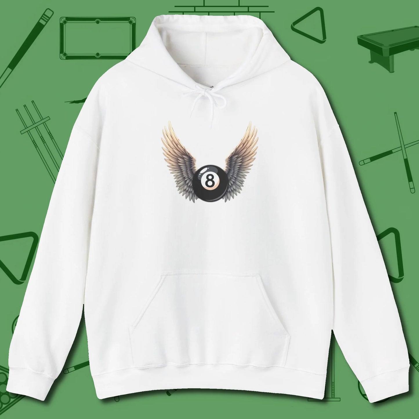 Archangel Eight Ball Hoodie, front view, in White confidence stitched in every seam