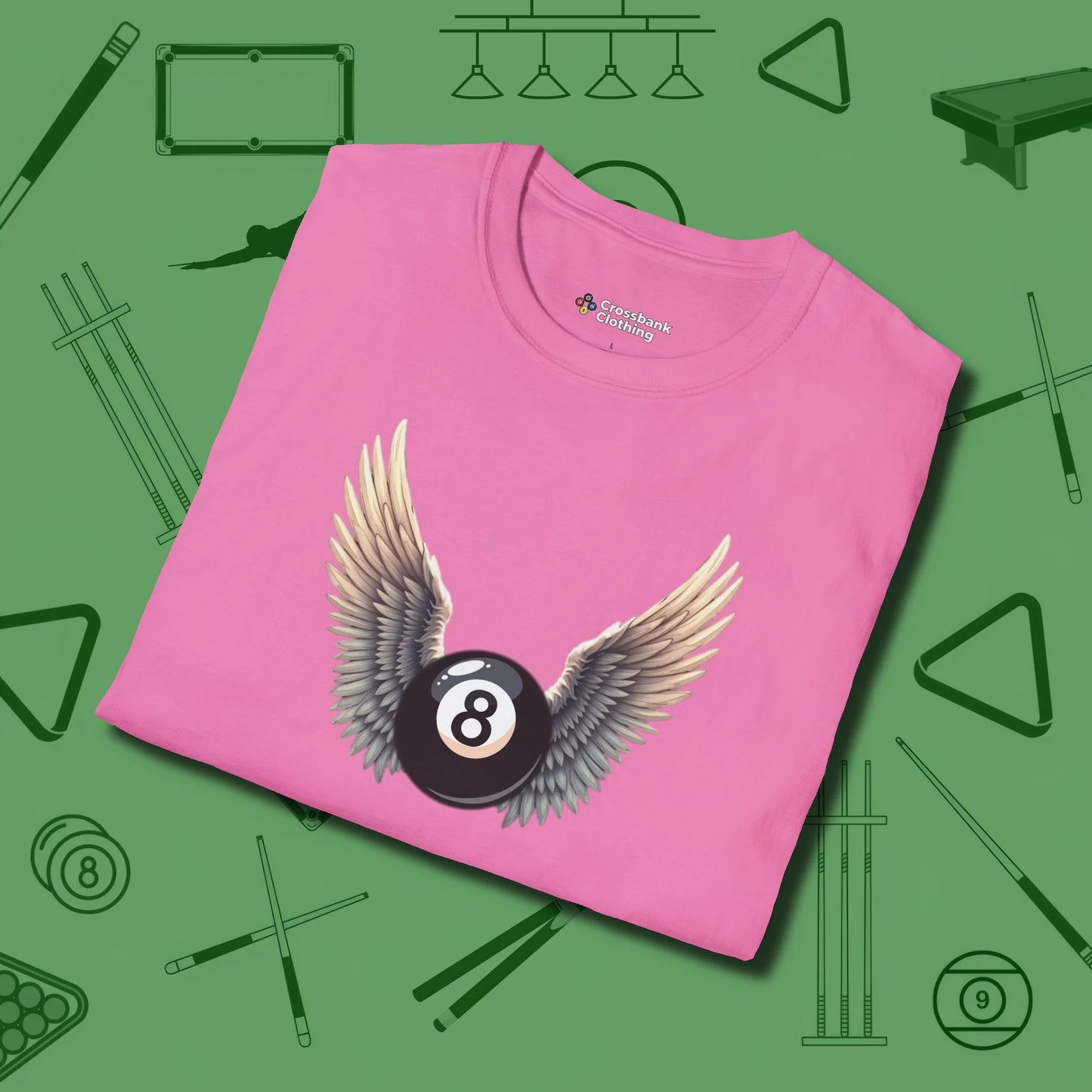 Archangel Eight Ball T-Shirt, folded view, in Azalea because the table is your battlefield