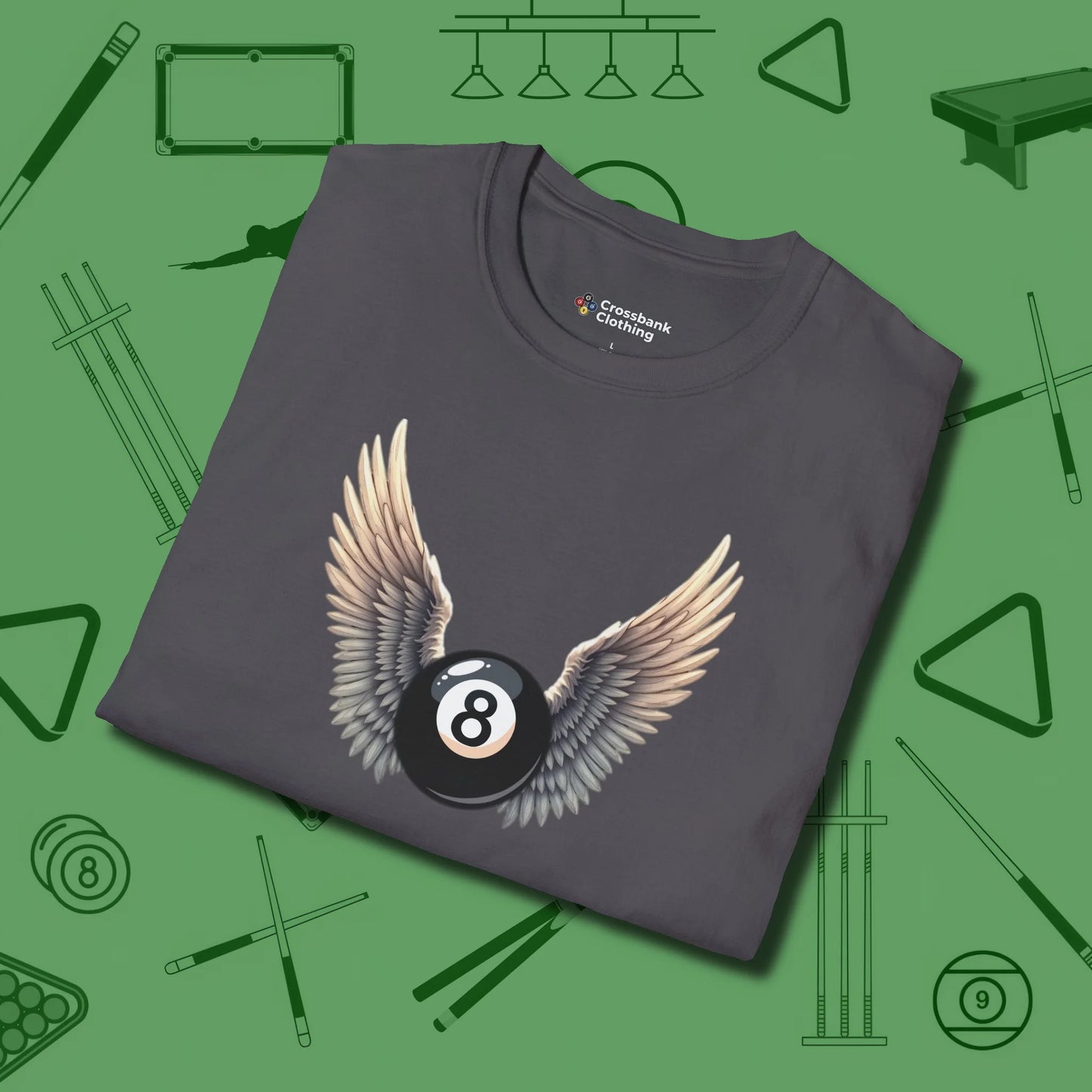 Archangel Eight Ball T-Shirt, folded view, in Charcoal subtle drip for serious shooters