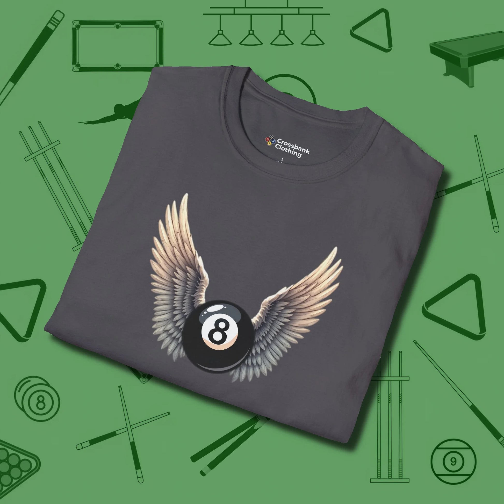 Archangel Eight Ball T-Shirt, folded view, in Charcoal subtle drip for serious shooters