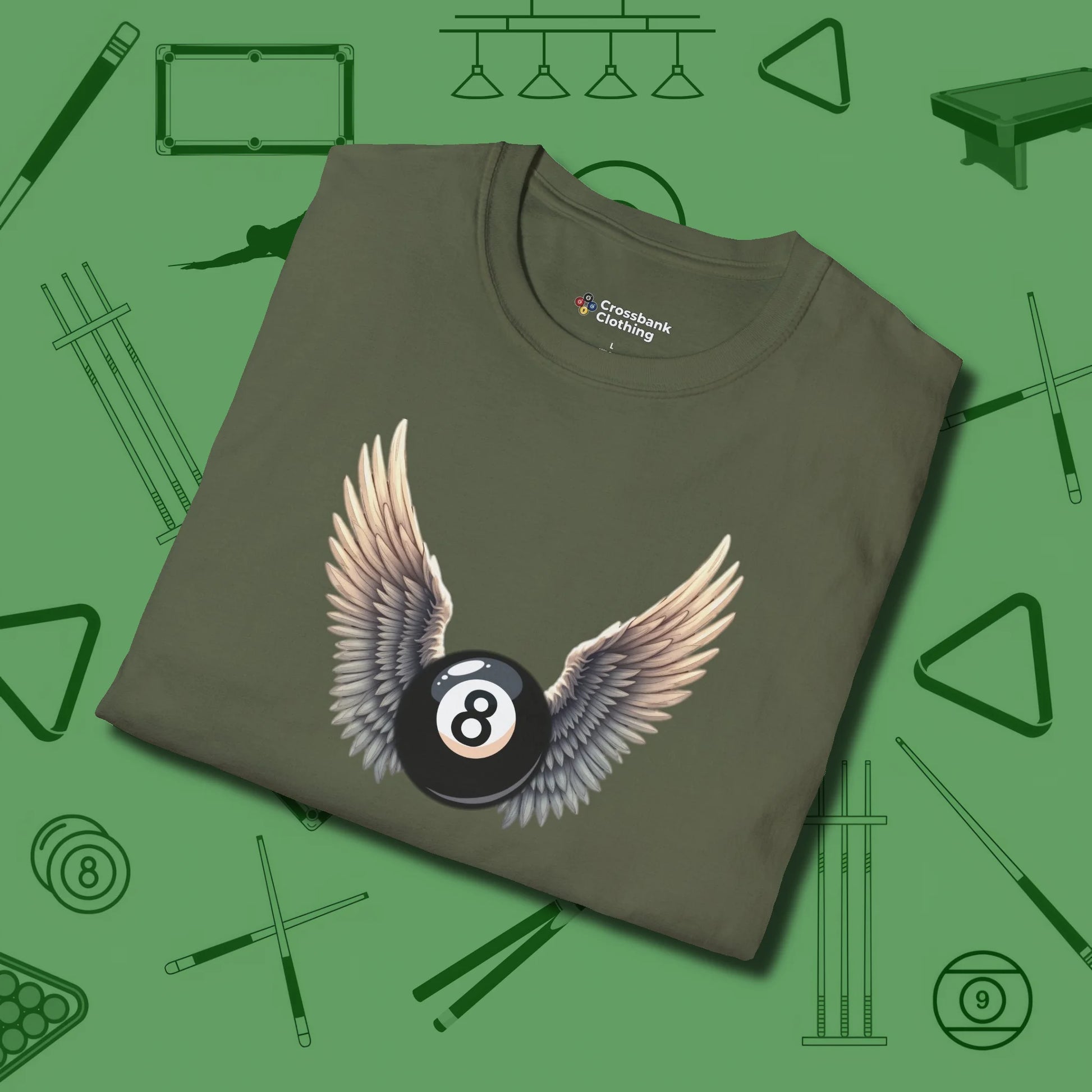 Archangel Eight Ball T-Shirt, folded view, in Military Green earns respect before the first shot