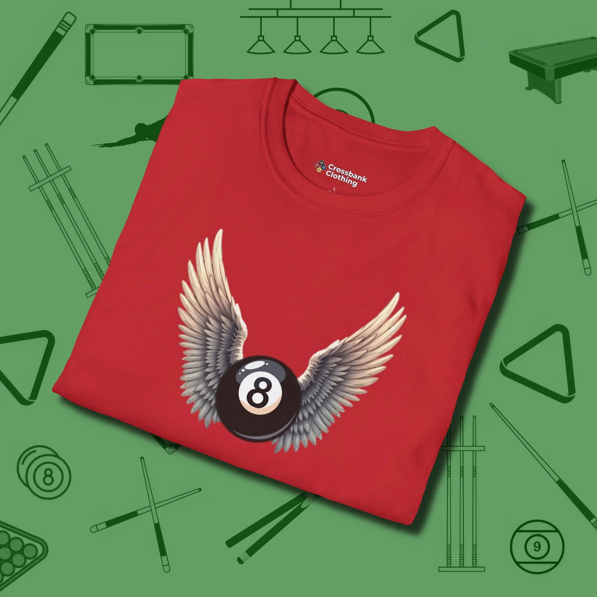 Archangel Eight Ball T-Shirt, folded view, in Red cool enough for a corner pocket finish