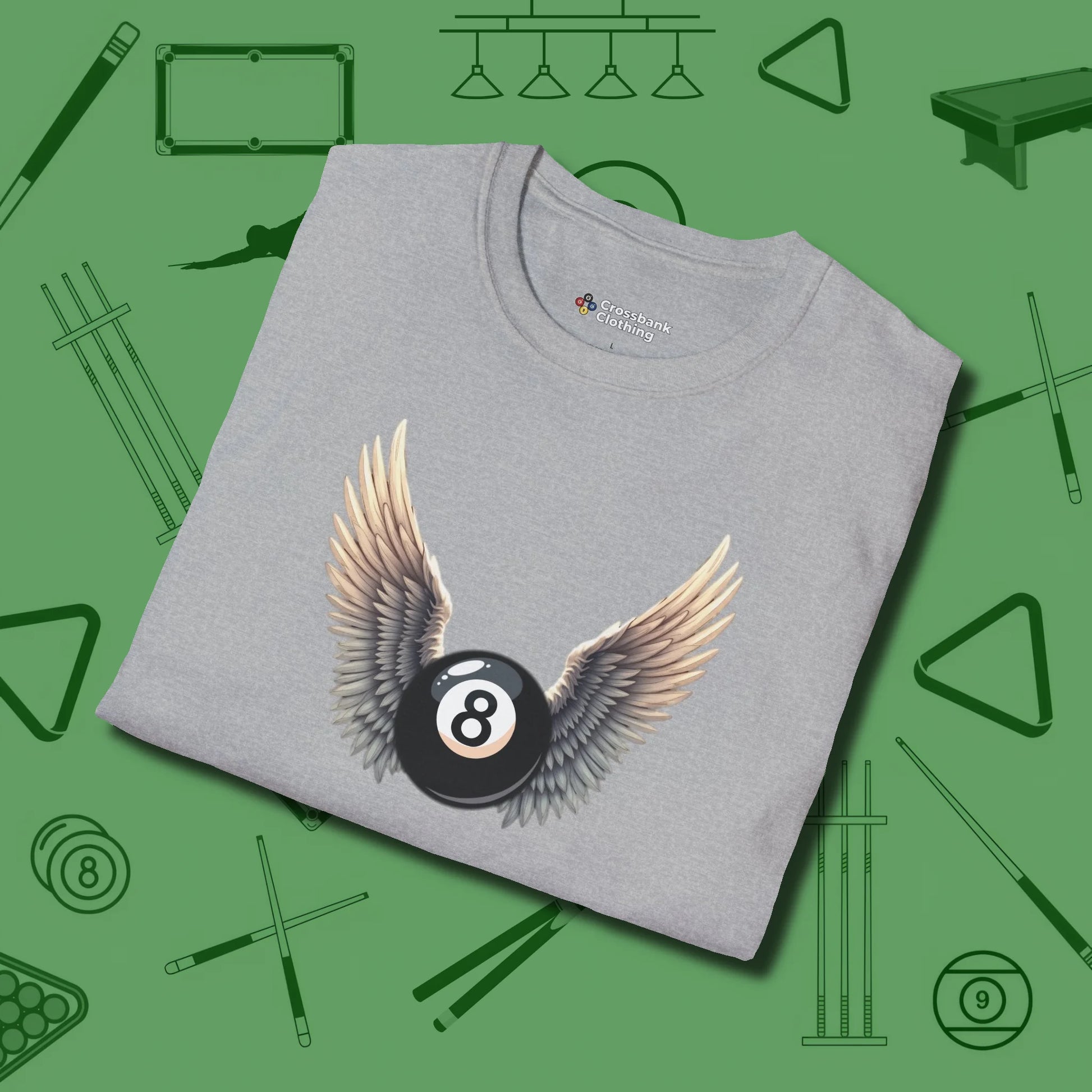 Archangel Eight Ball T-Shirt, folded view, in Sport Grey classic cue style, no gimmicks