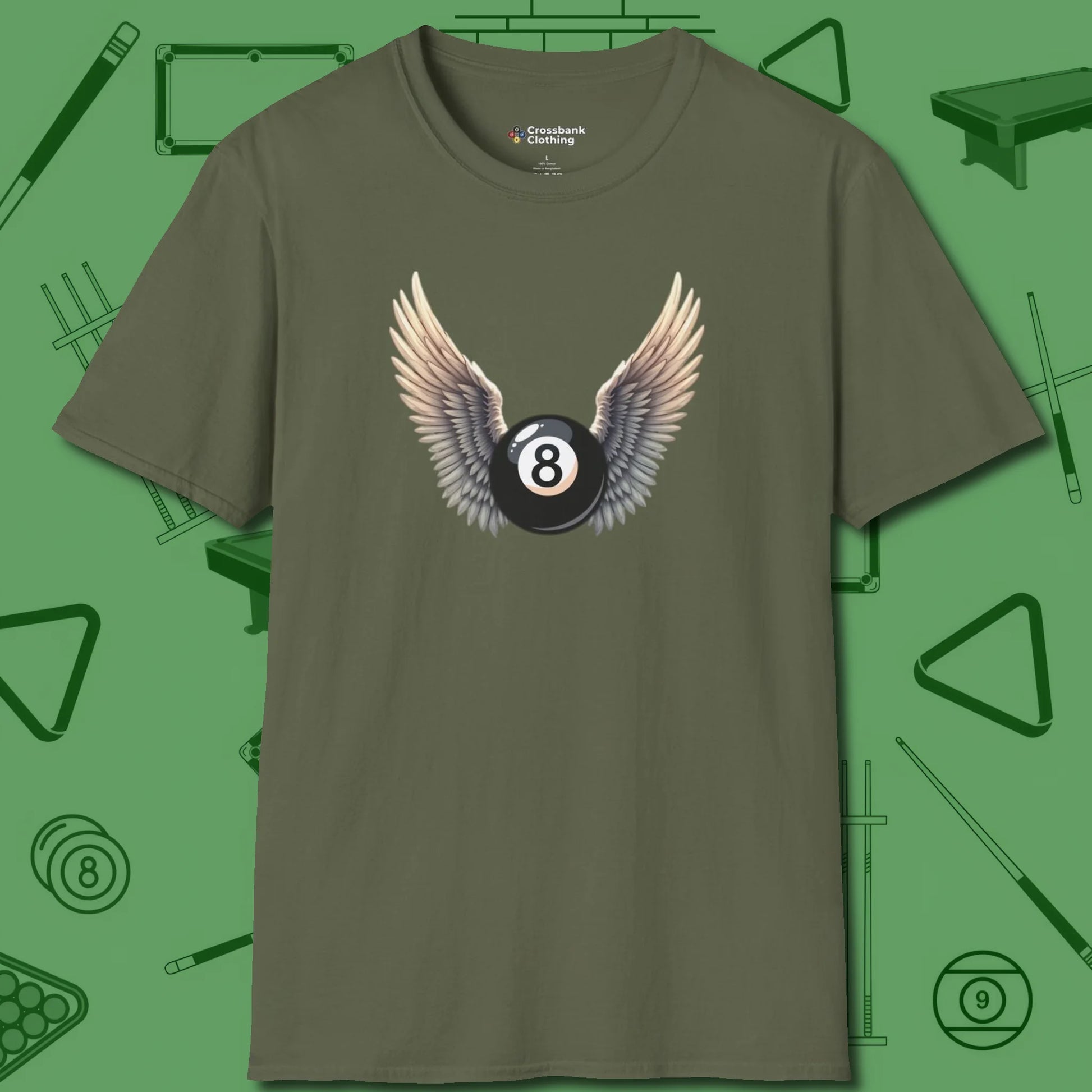 Archangel Eight Ball T-Shirt, front view, in Military Green dress for the shot you want to take