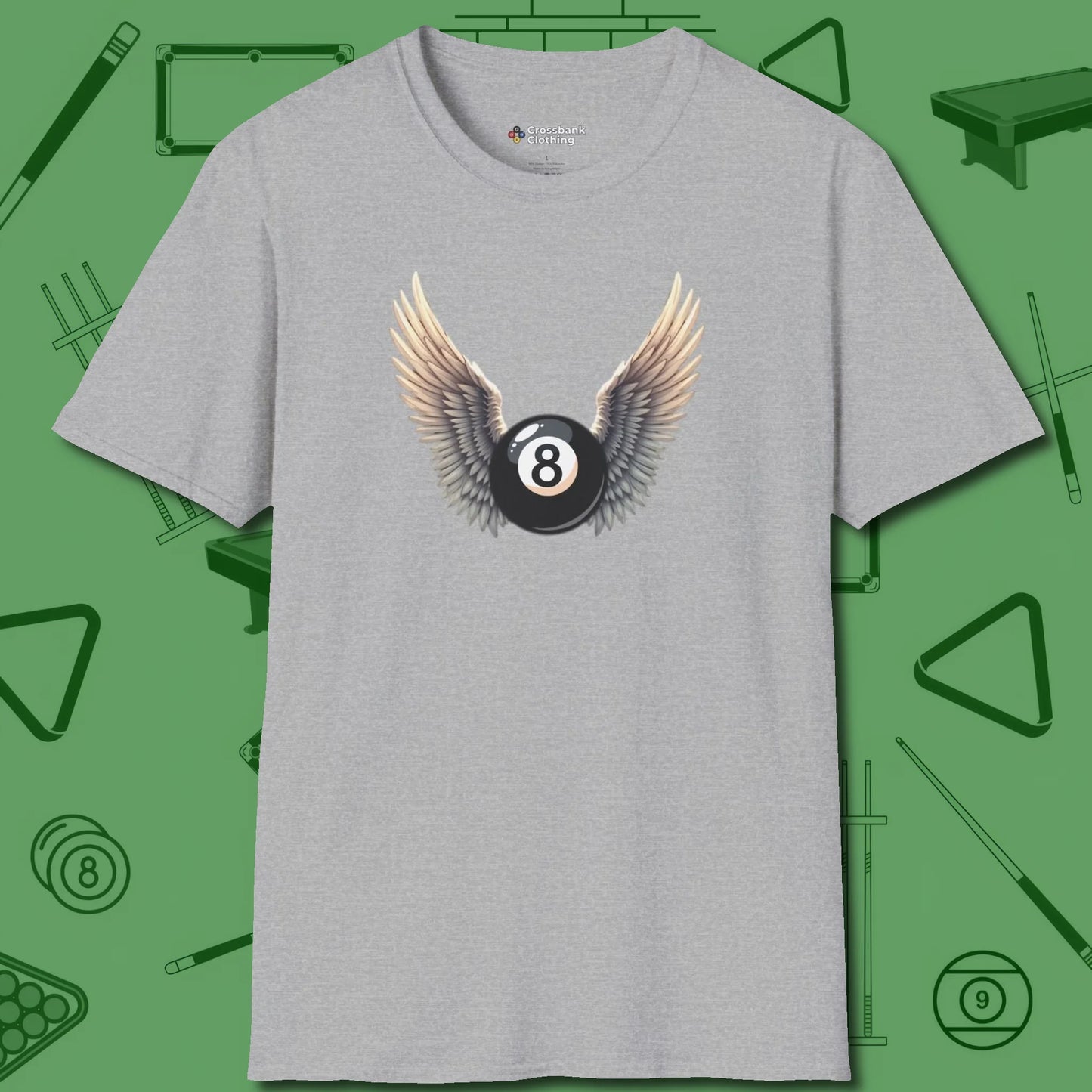 Archangel Eight Ball T-Shirt, front view, in Sport Grey style that banks as hard as you do