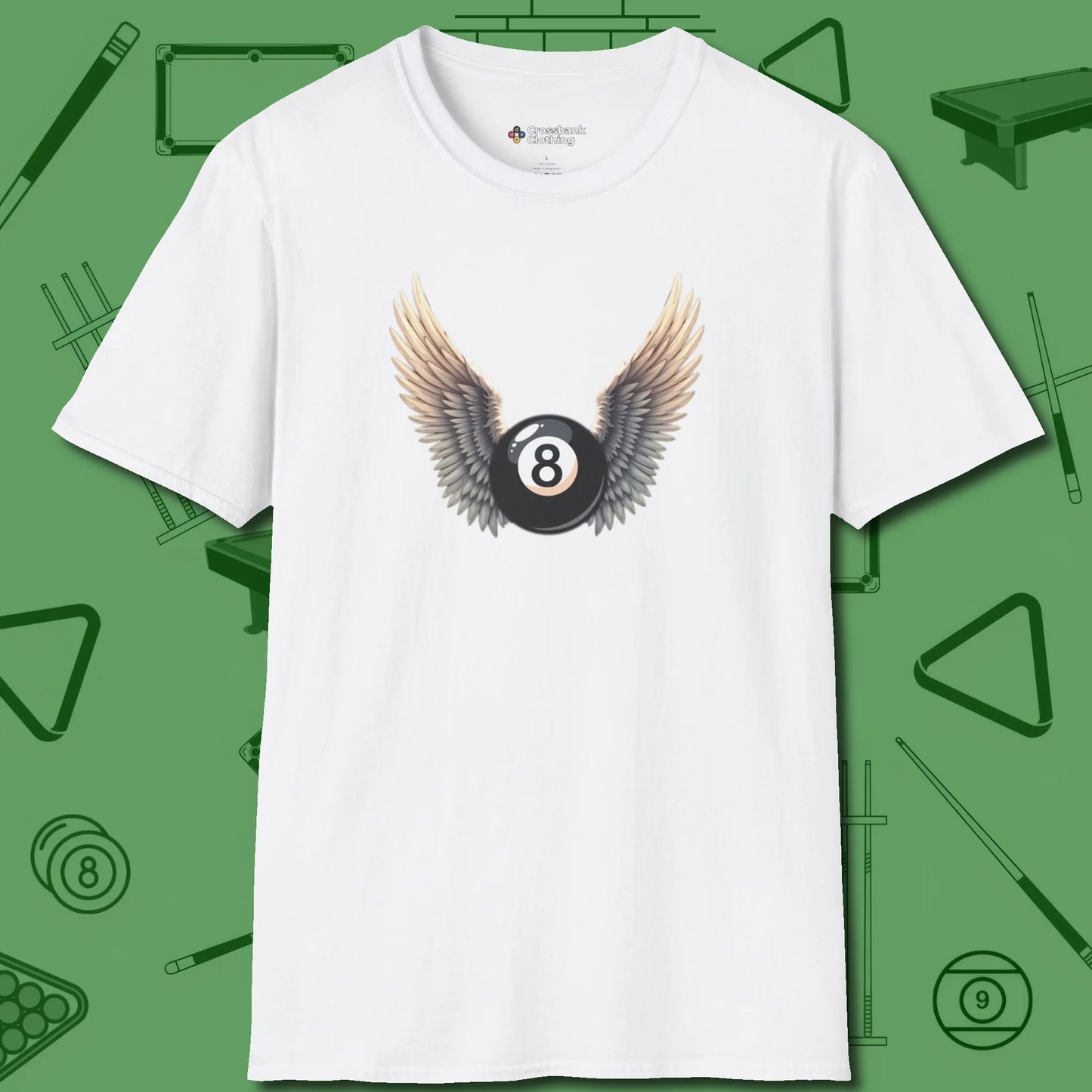 Archangel Eight Ball T-Shirt, front view, in White designed for dead stroke and deadpan looks