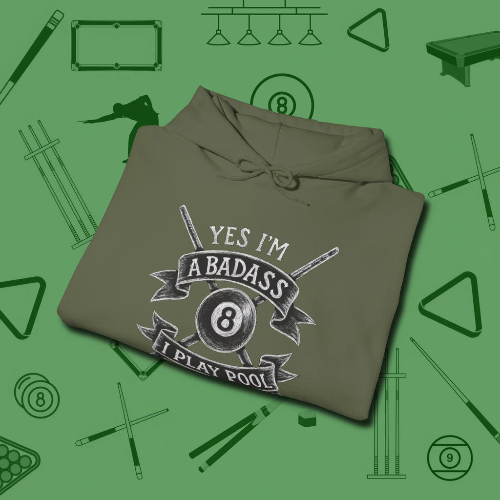 Badass Hoodie, folded view, in Military Green where style and cue discipline collide