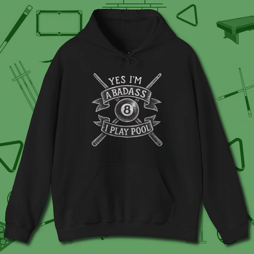 Badass Hoodie, front view, in Black subtle drip for serious shooters