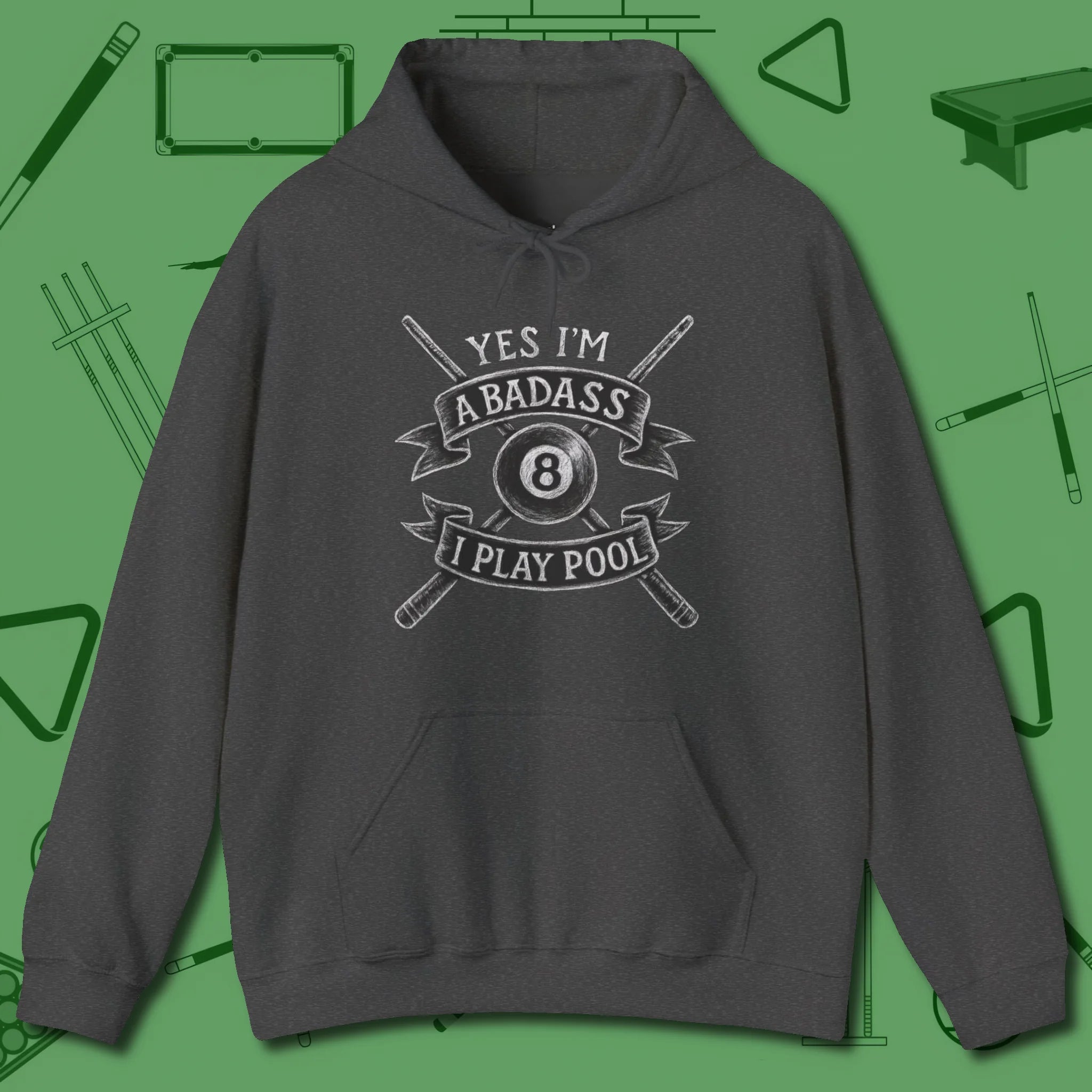 Badass Hoodie, front view, in Dark Heather stitched for cue discipline and cool confidence