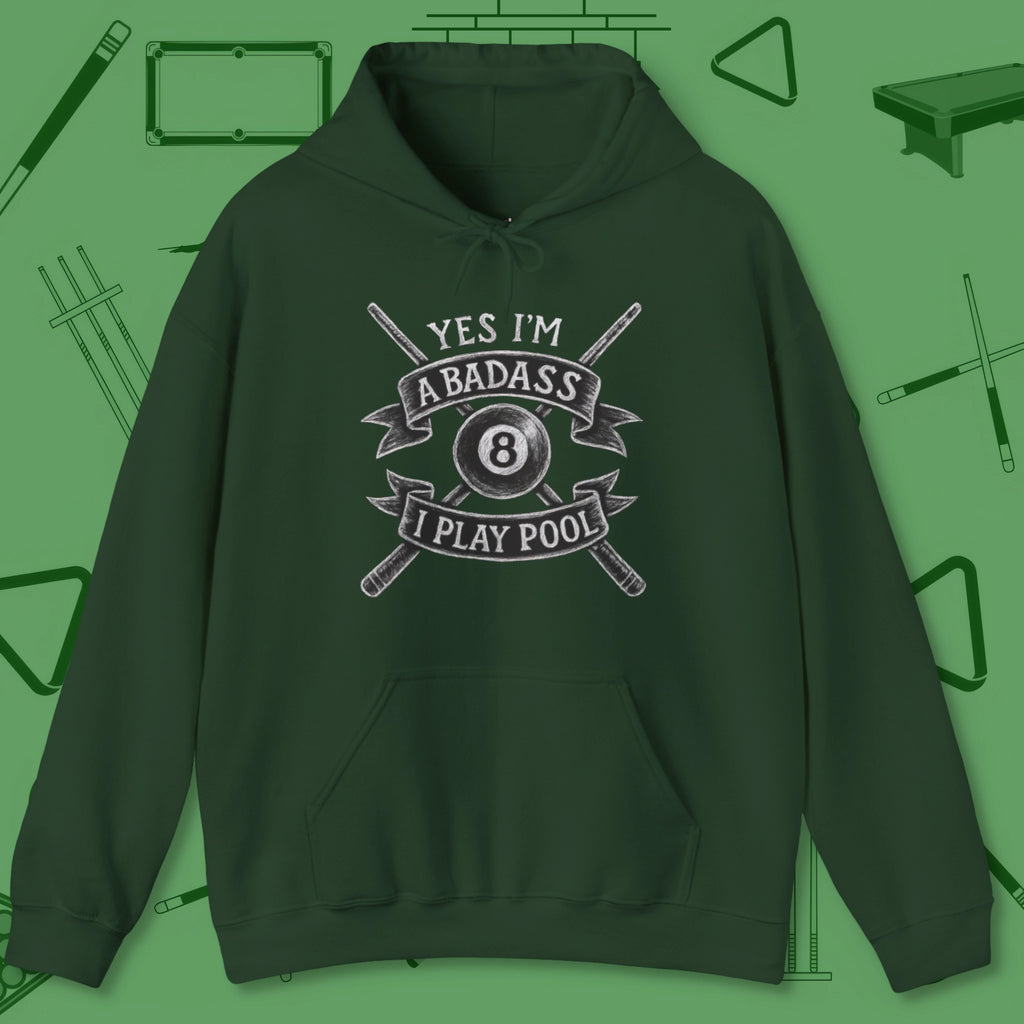 Badass Hoodie, front view, in Forest Green break, run out, turn heads — repeat