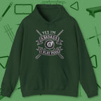 Badass Hoodie, front view, in Forest Green break, run out, turn heads — repeat