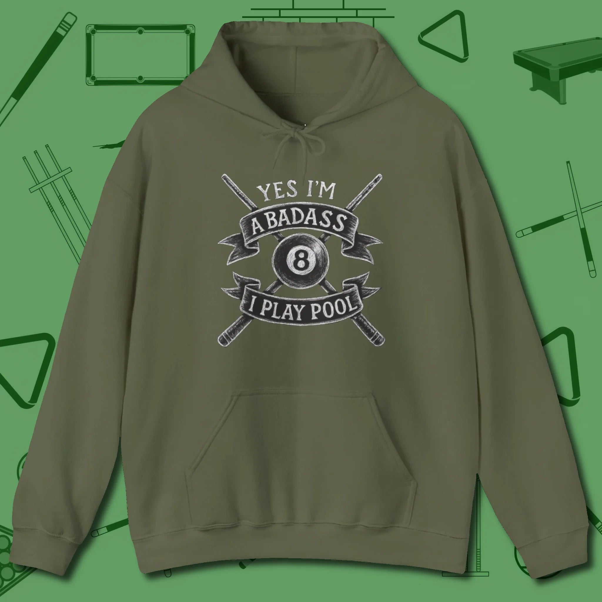 Badass Hoodie, front view, in Military Green confidence stitched in every seam