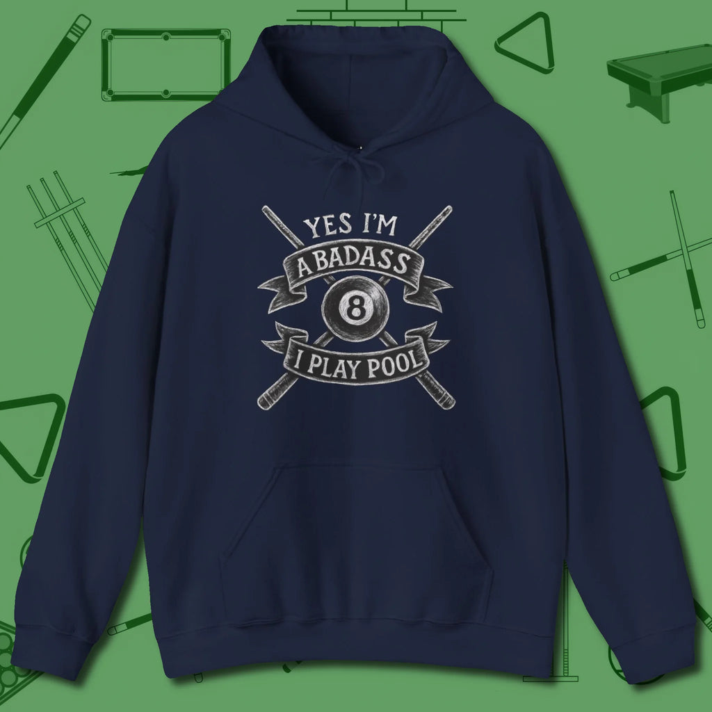 Badass Hoodie, front view, in Navy poolroom style with tournament attitude