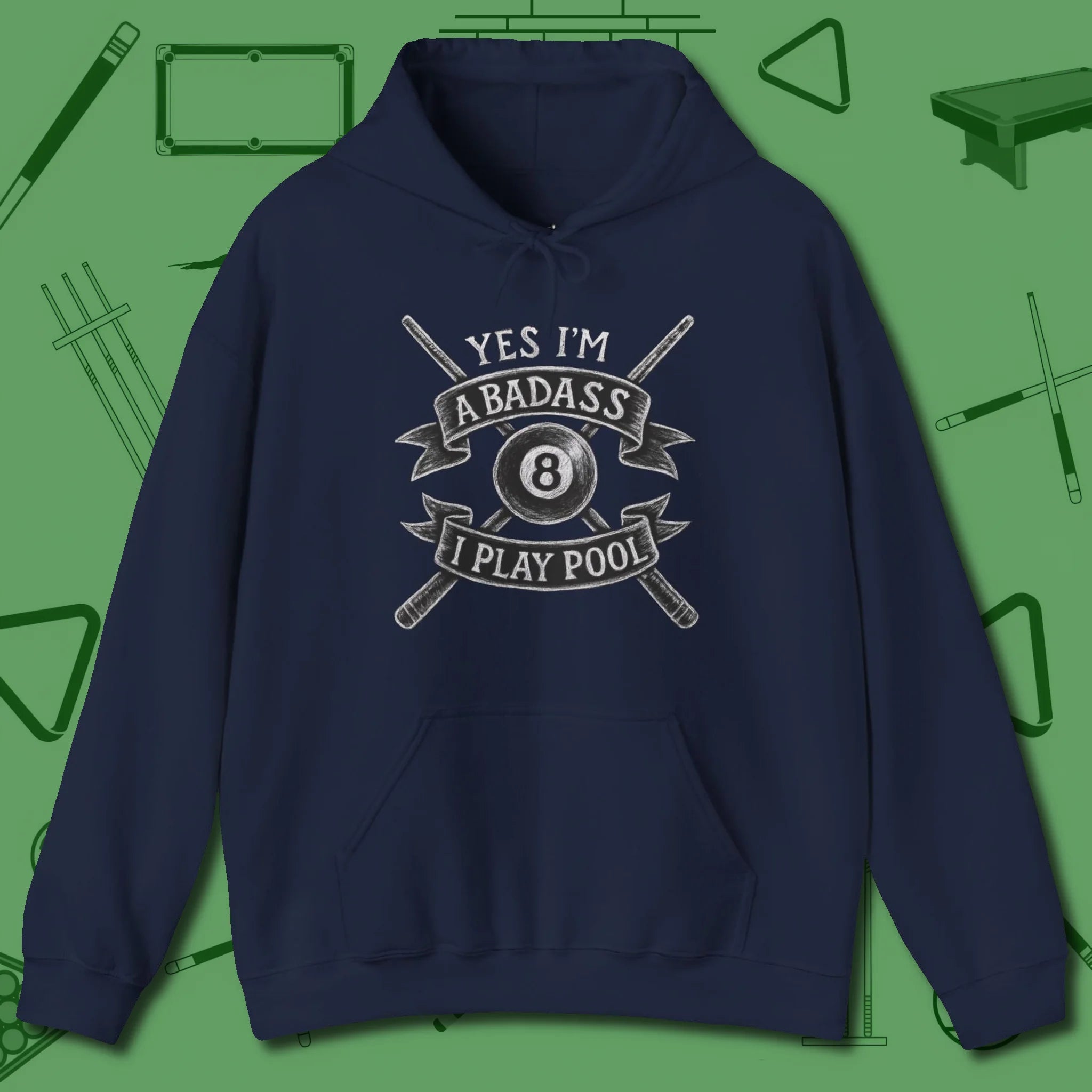 Badass Hoodie, front view, in Navy poolroom style with tournament attitude