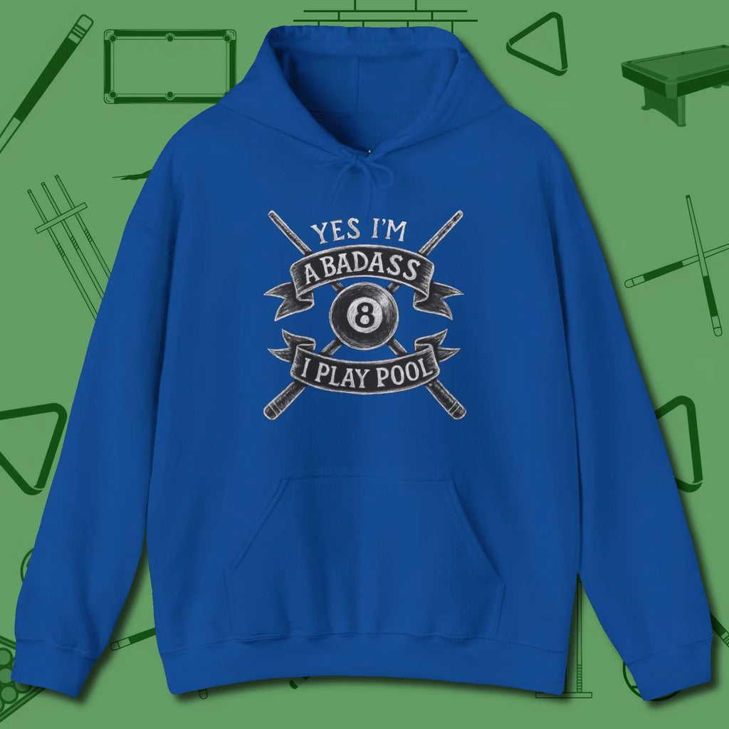 Badass Hoodie, front view, in Royal your secret weapon off the table