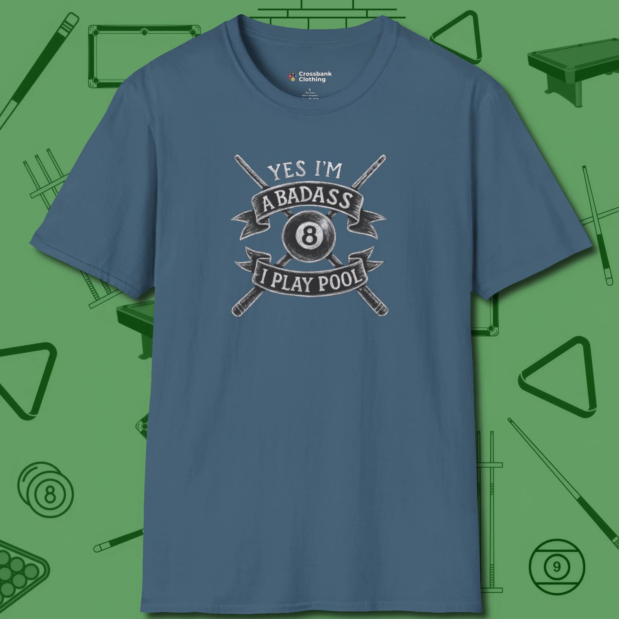 Badass T-Shirt, front view, in Indigo Blue your go-to shirt for league night victories