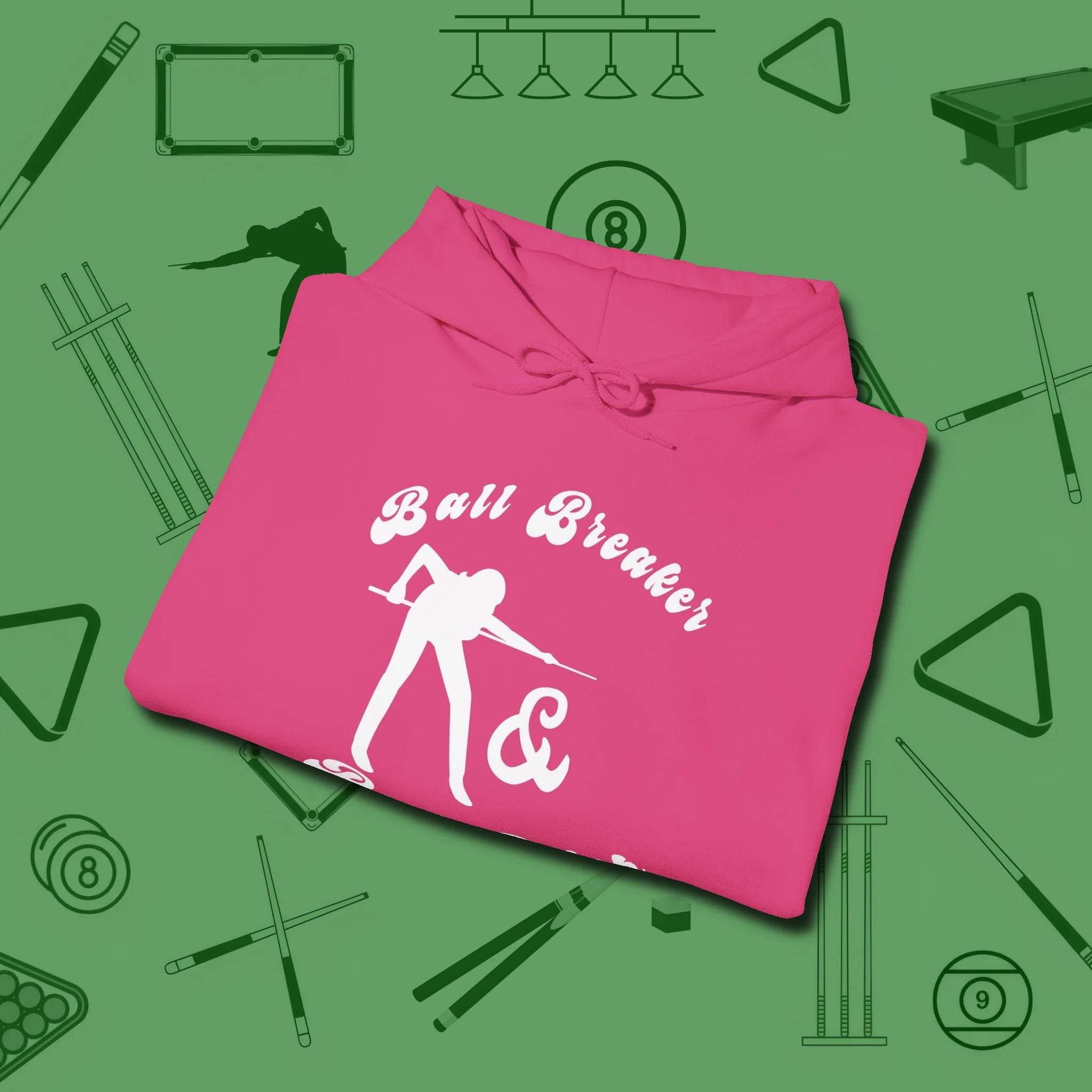 Ball Breaker & Bad Bitch Hoodie, folded view, in Heliconia your secret weapon off the table