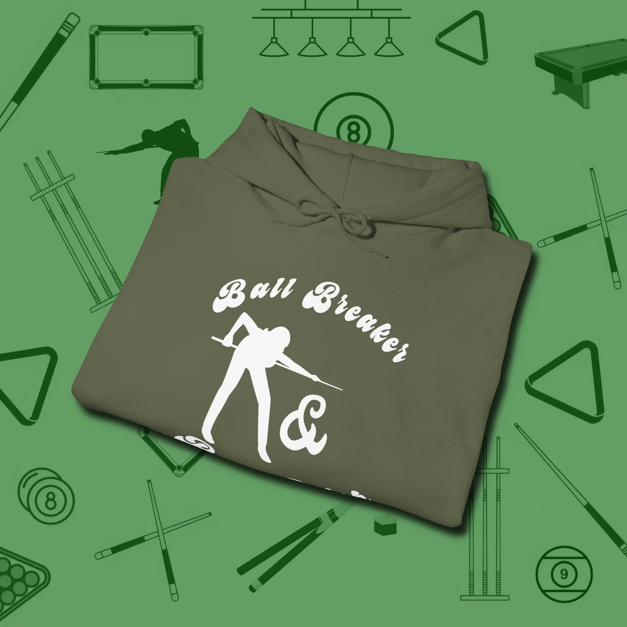 Ball Breaker & Bad Bitch Hoodie, folded view, in Military Green cool under pressure, hot on the eyes