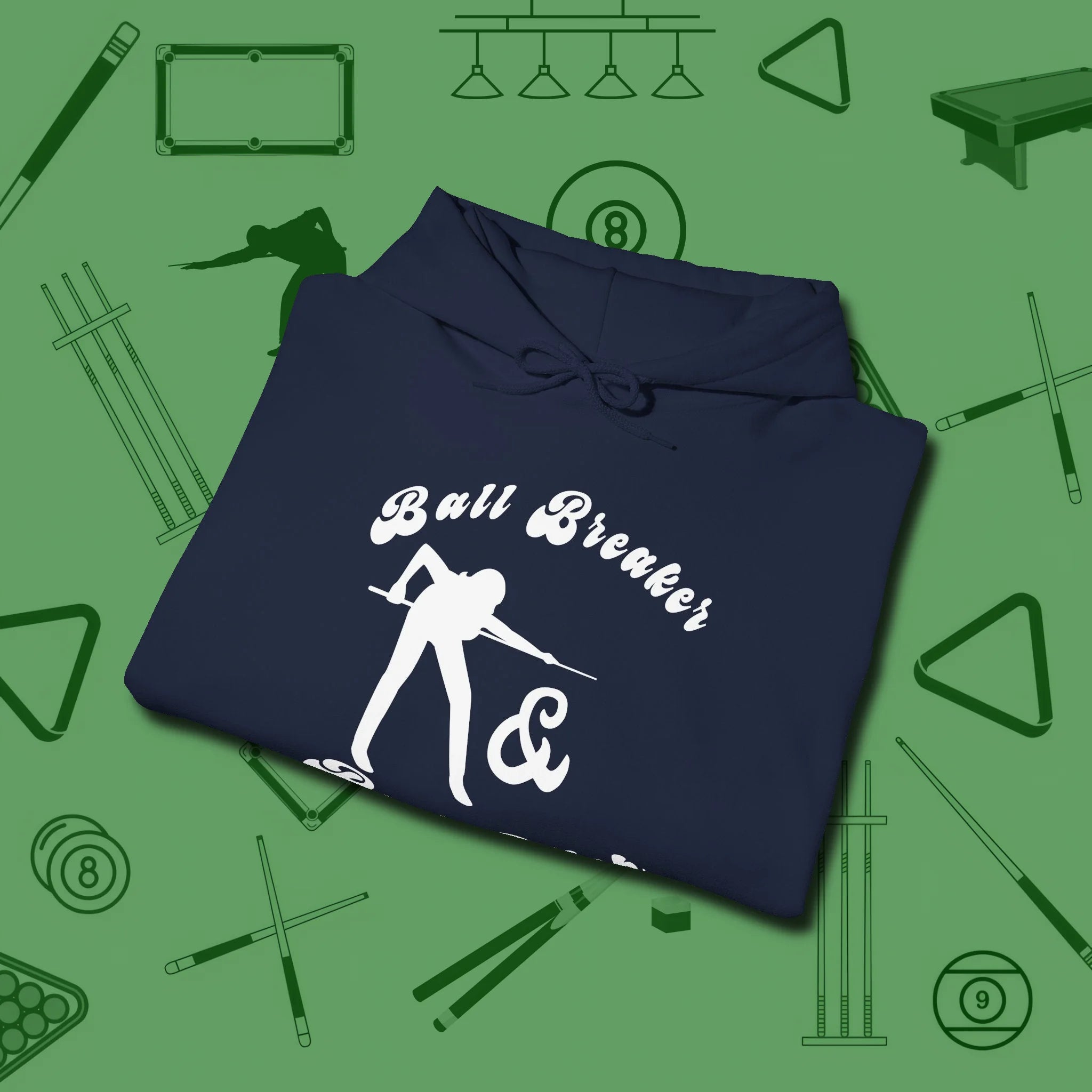 Ball Breaker & Bad Bitch Hoodie, folded view, in Navy stitched for cue discipline and cool confidence