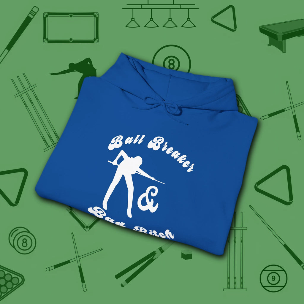 Ball Breaker & Bad Bitch Hoodie, in Royal color, billiards hoodie, folded view