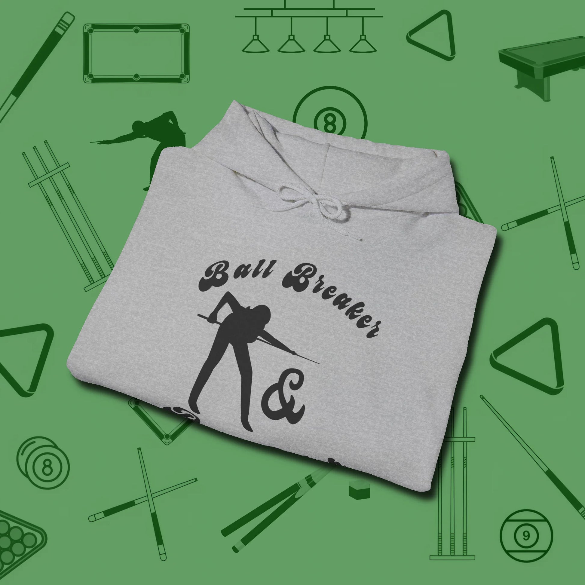 Ball Breaker & Bad Bitch Hoodie, folded view, in Sport Grey classic cue style, no gimmicks