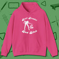 Ball Breaker & Bad Bitch Hoodie, front view, in Heliconia not your average 8-ball graphic tee