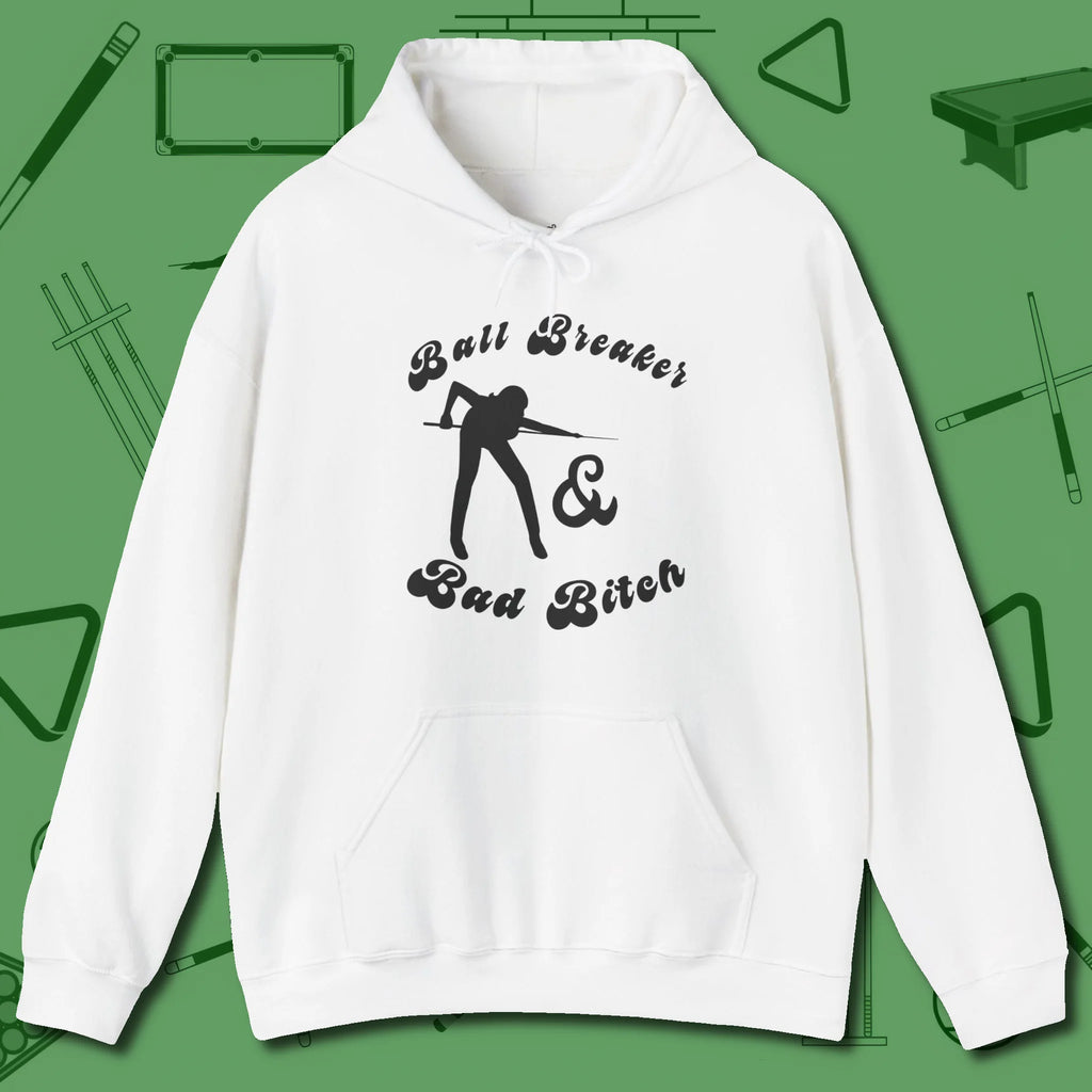 Ball Breaker & Bad Bitch Hoodie, front view, in White strike fear with swagger and precision