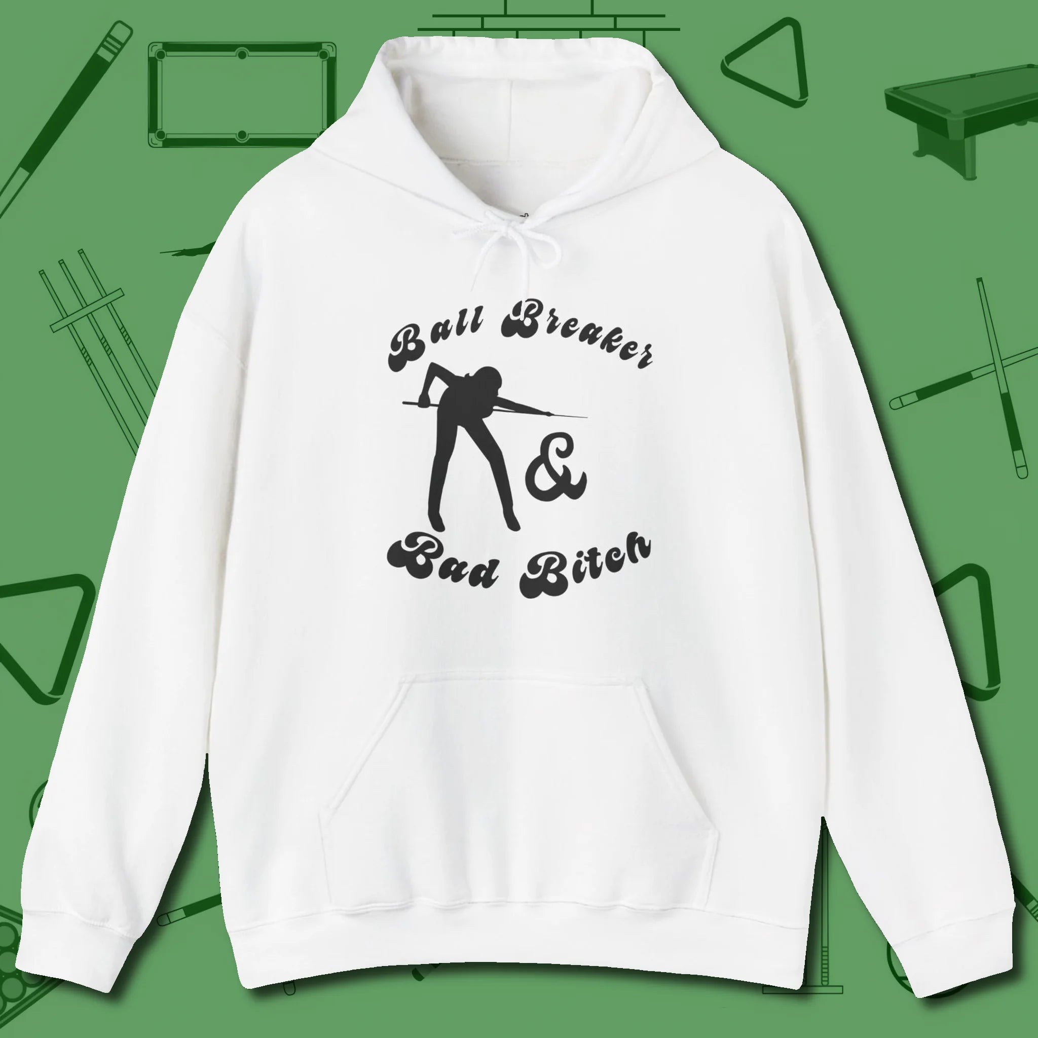 Ball Breaker & Bad Bitch Hoodie, front view, in White strike fear with swagger and precision