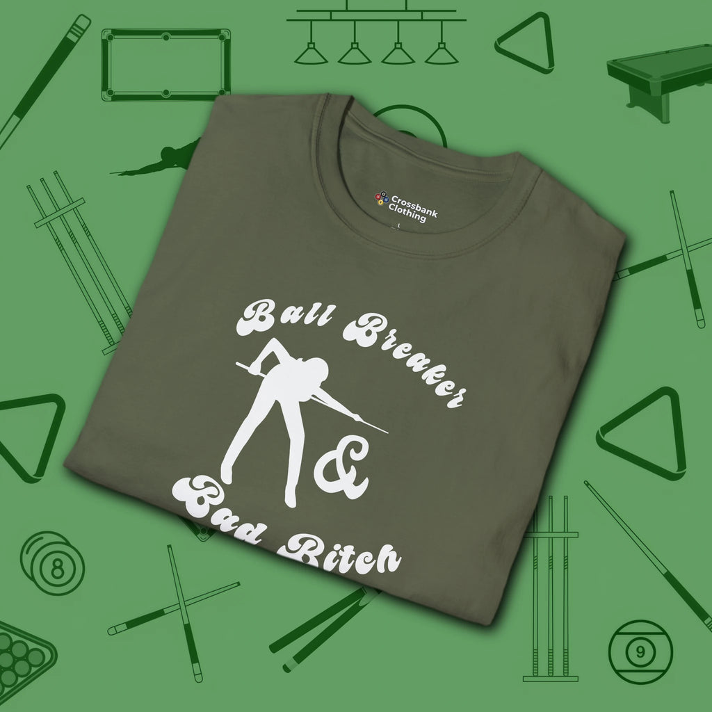 Ball Breaker Bad Bitch T-Shirt, in Military Green color, billiards shirt, folded view