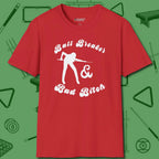 Ball Breaker & Bad Bitch T-Shirt, front view, in Red where cue control meets personal style