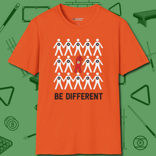Be Different T-Shirt, front view, in Orange because pool isn’t just a game — it’s who you are