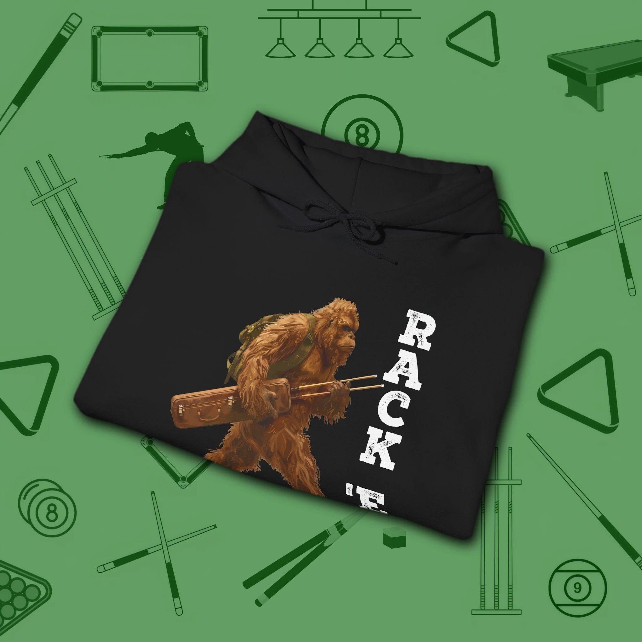 Bigfoot Rack 'em Pool Hoodie, in Black color, billiards hoodie, folded view
