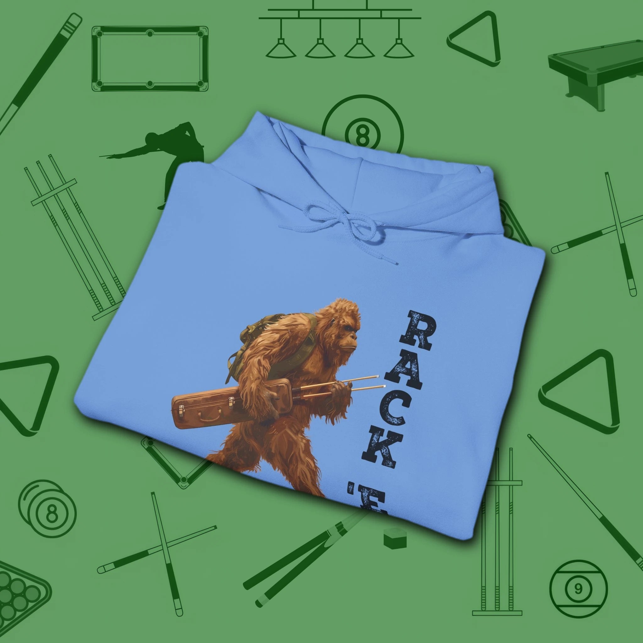 Bigfoot Rack 'em Pool Hoodie, in Carolina Blue color, billiards hoodie, folded view