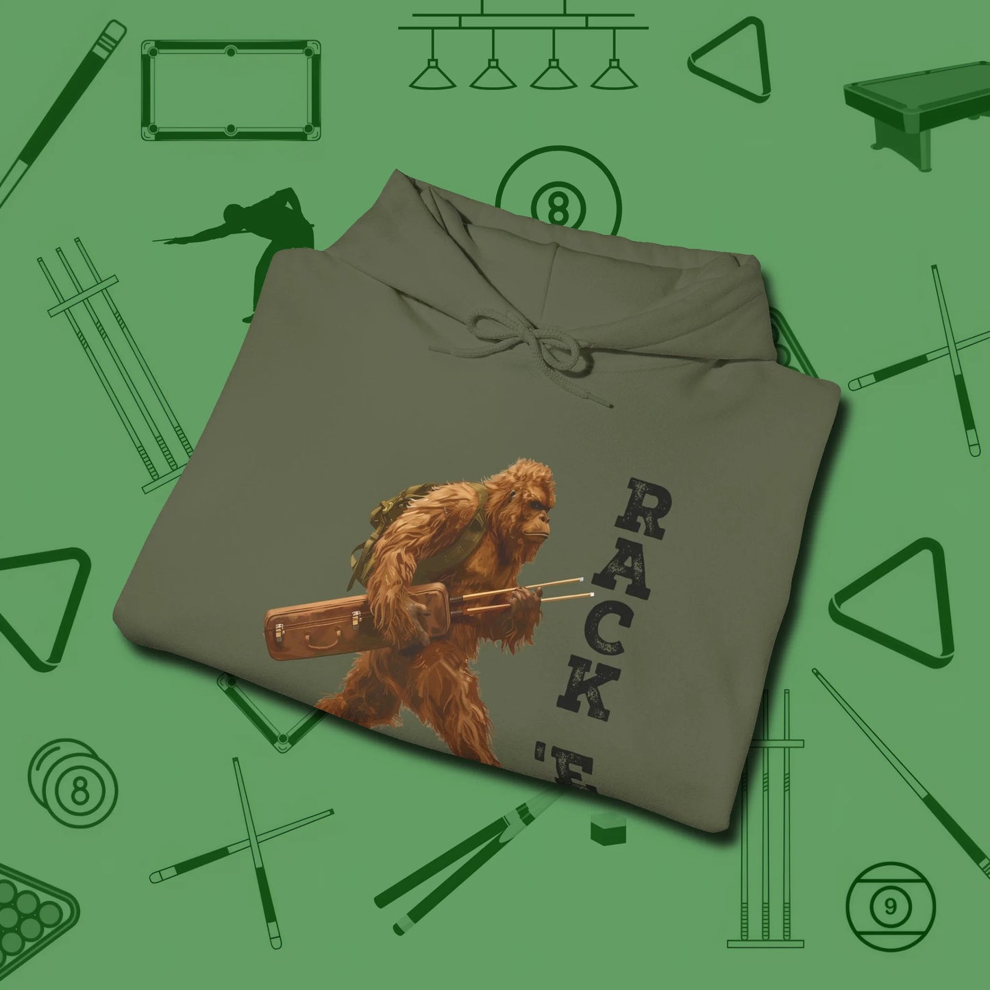 Bigfoot Rack 'em Hoodie, folded view, in Military Green put your best game on display