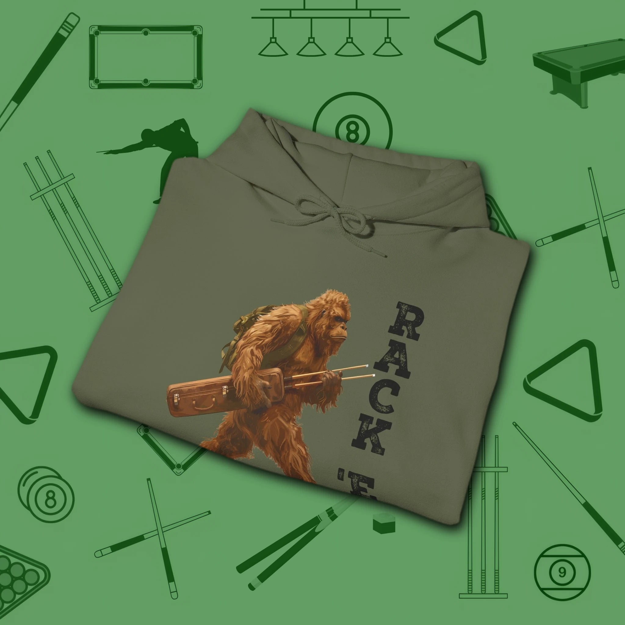 Bigfoot Rack 'em Pool Hoodie, in Military Green color, billiards hoodie, folded view