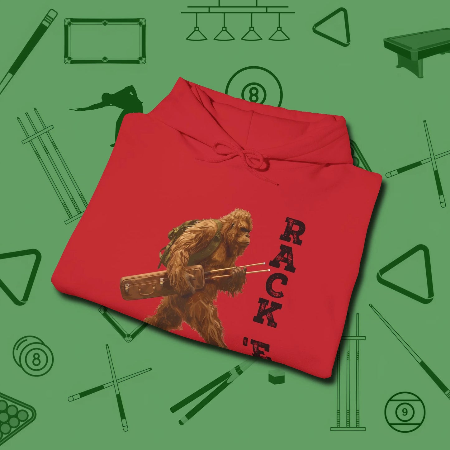Bigfoot Rack 'em Hoodie, folded view, in Red it’s not a hobby — it’s a lifestyle