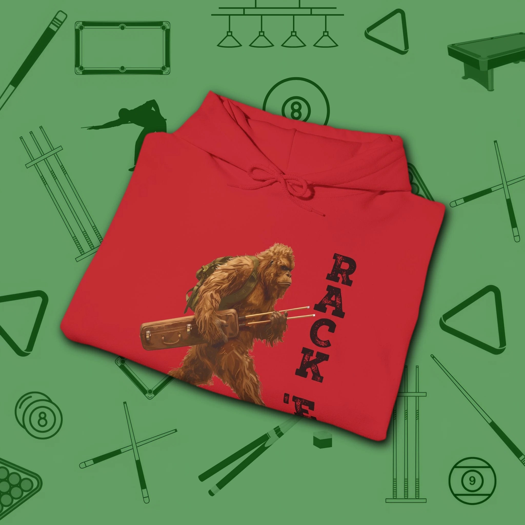 Bigfoot Rack 'em Pool Hoodie, in Red color, billiards hoodie, folded view