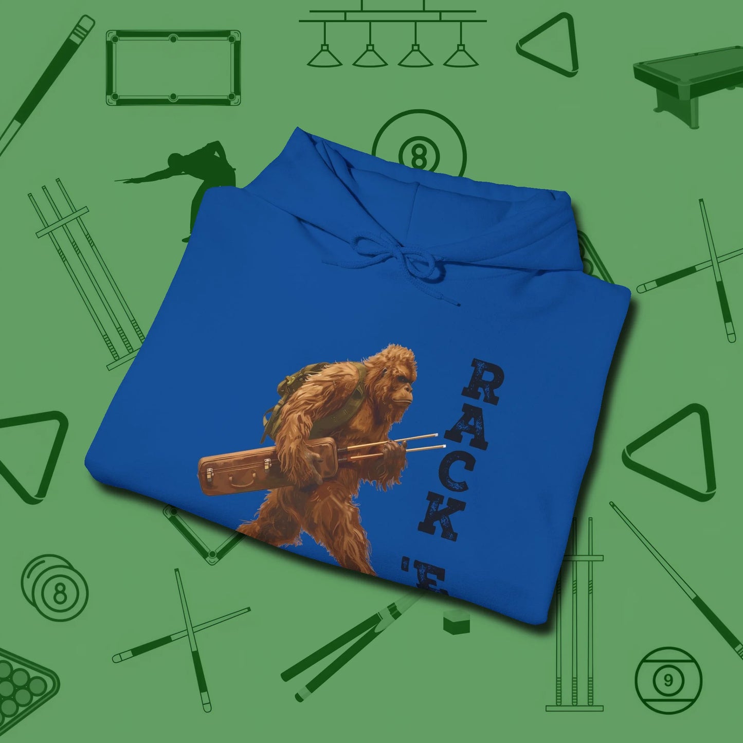 Bigfoot Rack 'em Hoodie, folded view, in Royal made for pool sharks, not posers