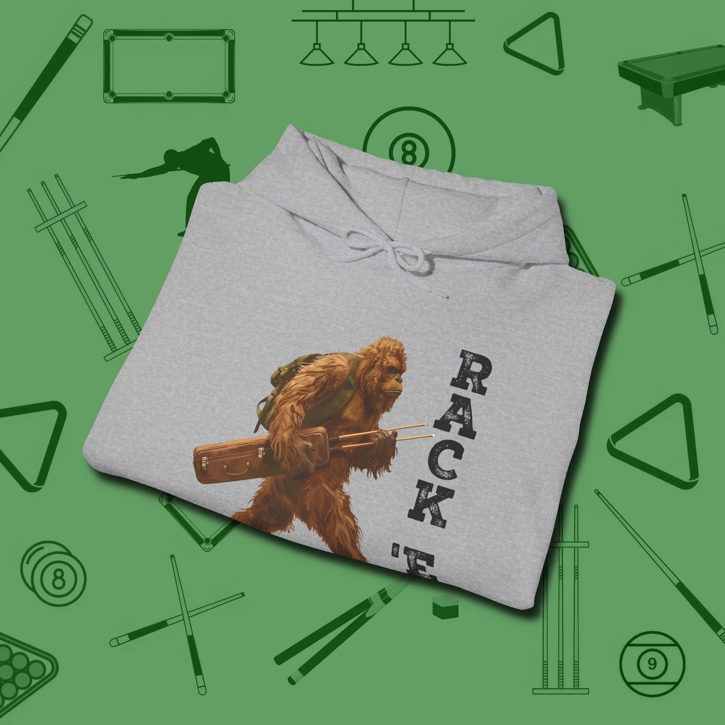 Bigfoot Rack 'em Hoodie, folded view, in Sport Grey your secret weapon off the table